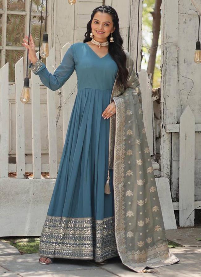 Faux Georgette Sky Blue Party Wear Embroidery Work Readymade Gown With Dupatta